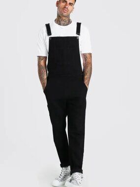 boohooMAN | Black Denim Overalls | Size L